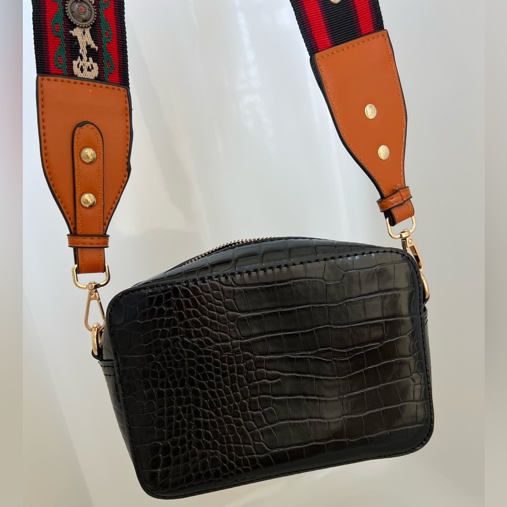 Black Croc-Embossed Crossbody Bag with Patterned Strap